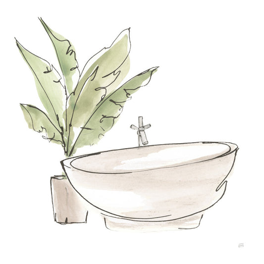 Elegant Neutral Tub with Green Plant - Modern Oil Painting Decor
