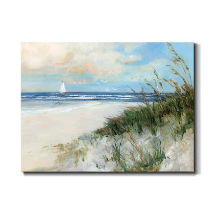 Tranquil Coastal Sunrise Over Oak Island with Sailboat and Seagulls