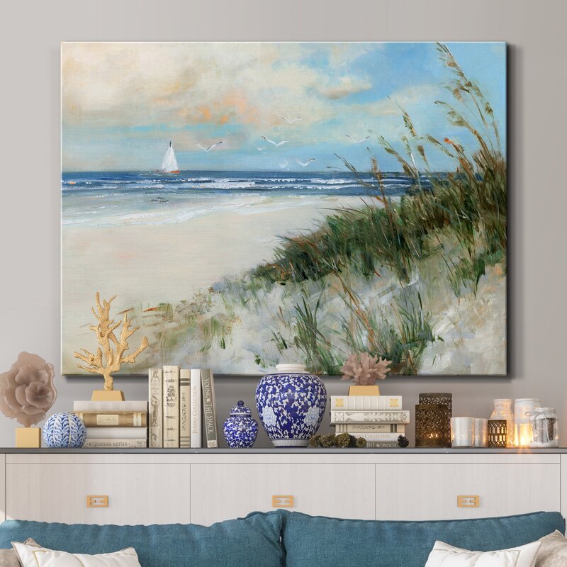 Tranquil Coastal Sunrise Over Oak Island with Sailboat and Seagulls