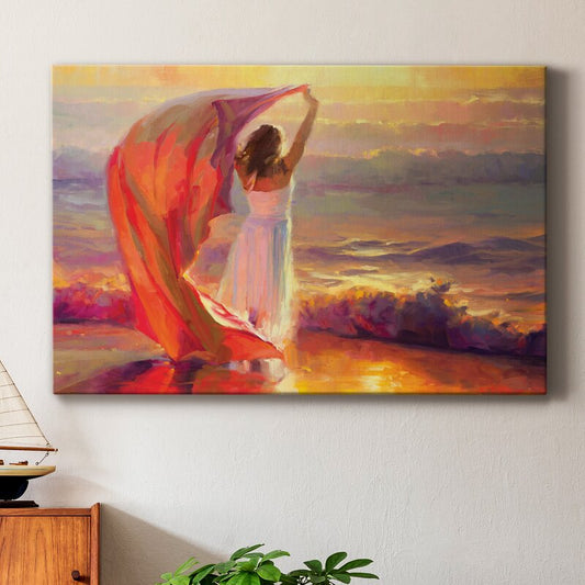 Serene Ocean Sunset: Woman with Flowing Fabric by the Sea