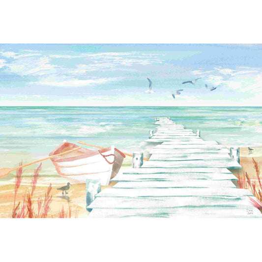 Serene Ocean View with Dock and Rowboat - Coastal Landscape Oil Painting