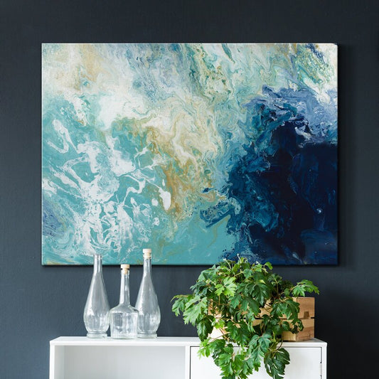 Serene Ocean Waves: Abstract Blue and Teal Oil Painting for Coastal Decor