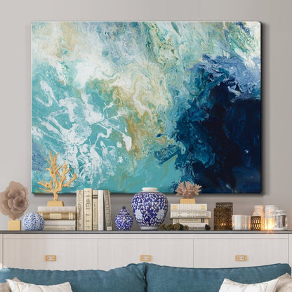 Serene Ocean Waves: Abstract Blue and Teal Oil Painting for Coastal Decor