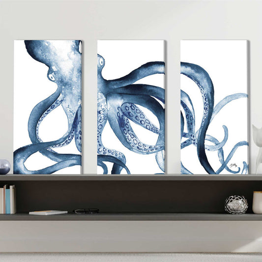 Blue Octopus Art Triptych - Ocean-Inspired Oil Painting Decor