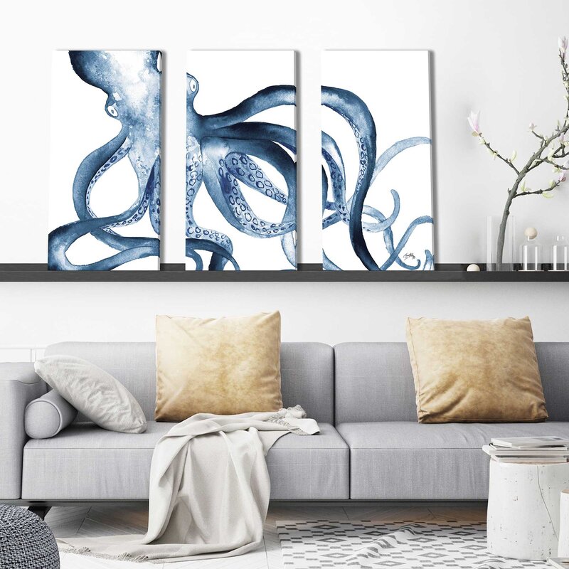 Blue Octopus Art Triptych - Ocean-Inspired Oil Painting Decor