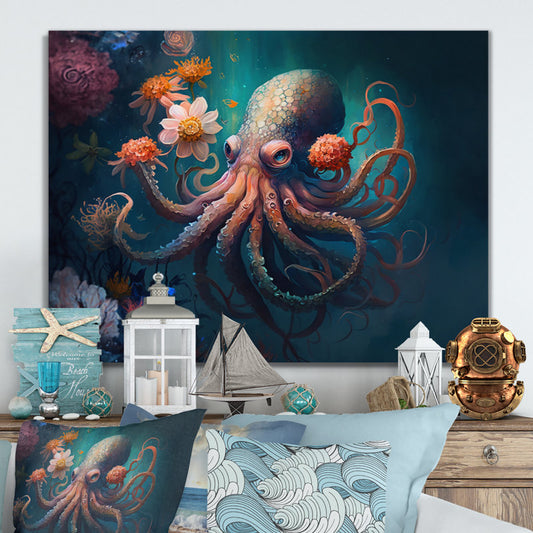Colorful Octopus Underwater with Floral Elements - Vibrant Ocean Art