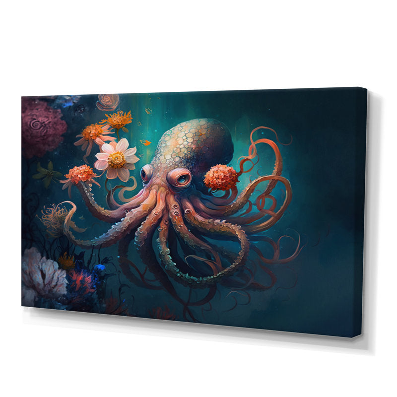 Colorful Octopus Underwater with Floral Elements - Vibrant Ocean Art