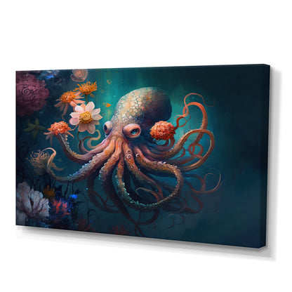 Colorful Octopus Underwater with Floral Elements - Vibrant Ocean Art