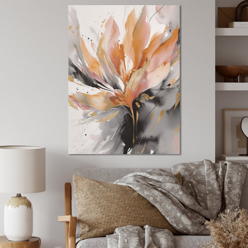 Vibrant Orange and Grey Abstract Floral Oil Painting for Modern Decor