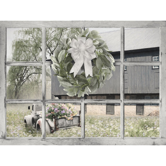 Charming Window View with Floral Wreath and Vintage Truck in Blooming Field