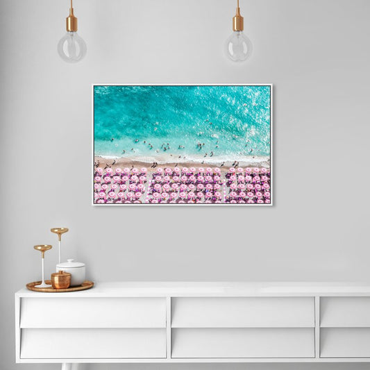 Vibrant Tropical Beach with Colorful Umbrellas and Crystal-Clear Ocean View