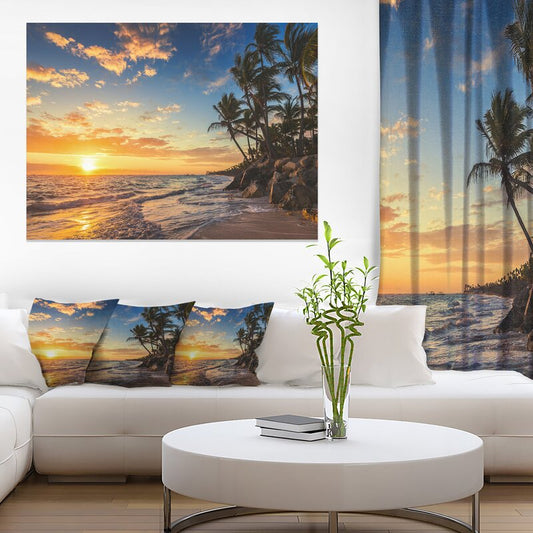 Tropical Paradise Sunset Beach Oil Painting with Palms and Ocean Waves