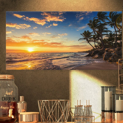 Tropical Paradise Sunset Beach Oil Painting with Palms and Ocean Waves