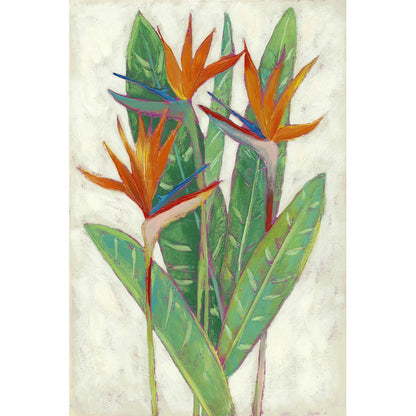 Tropical Paradise: Vibrant Oil Painting of Birds of Paradise Flowers and Lush Green Leaves