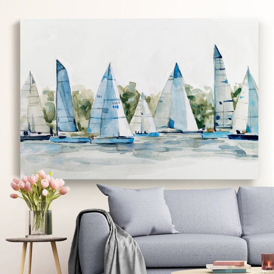 Serene Sailing Scene: Artistic Oil Painting of Colorful Sailboats in Tranquil Waters