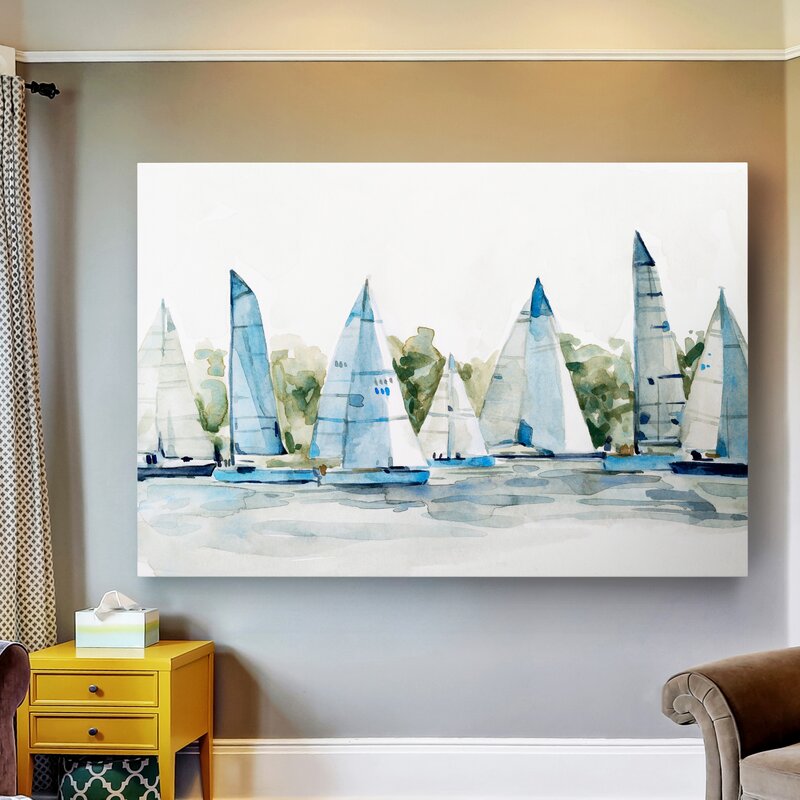 Serene Sailing Scene: Artistic Oil Painting of Colorful Sailboats in Tranquil Waters