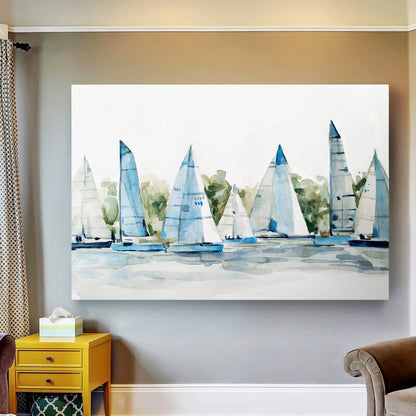 Serene Sailing Scene: Artistic Oil Painting of Colorful Sailboats in Tranquil Waters