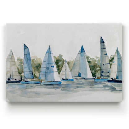 Serene Sailing Scene: Artistic Oil Painting of Colorful Sailboats in Tranquil Waters