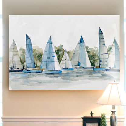 Serene Sailing Scene: Artistic Oil Painting of Colorful Sailboats in Tranquil Waters