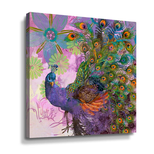Vibrant Peacock Oil Painting with Colorful Floral Background