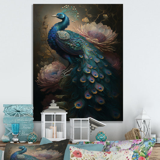 Vibrant Peacock Among Enchanting Floral Landscape Oil Painting