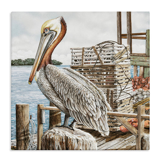 Serene Pelican on a Summer Fishing Dock – Ocean Landscape Oil Painting