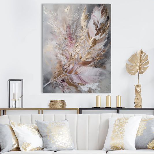 Elegant Pink and Gold Feather Abstract Oil Painting for Boho Home Decor