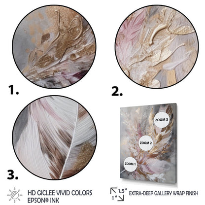 Elegant Pink and Gold Feather Abstract Oil Painting for Boho Home Decor