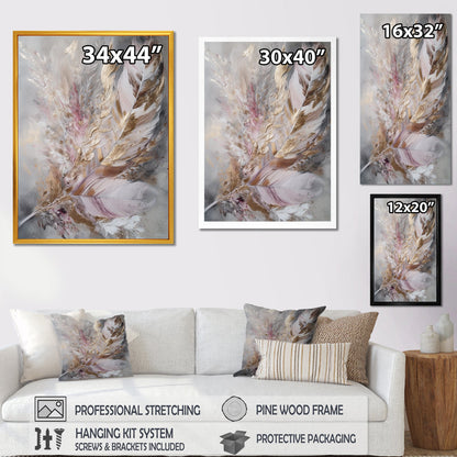 Elegant Pink and Gold Feather Abstract Oil Painting for Boho Home Decor