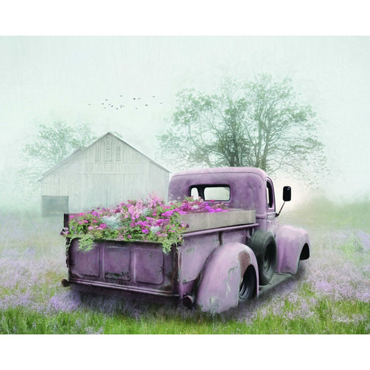 Vintage Truck with Pink Flowers in Serene Country Landscape Oil Painting