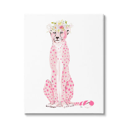 Whimsical Pink Leopard with Floral Crown - Chic Modern Oil Painting