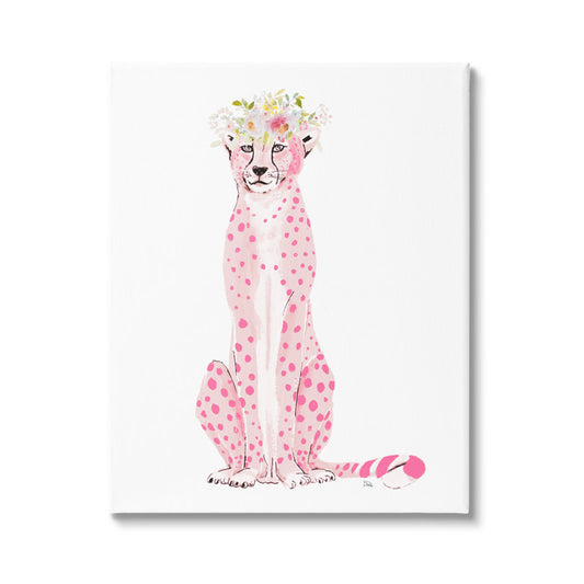 Whimsical Pink Leopard with Floral Crown - Chic Modern Oil Painting