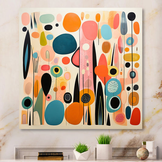 Colorful Mid-Century Abstract Oil Painting with Playful Patterns and Shapes