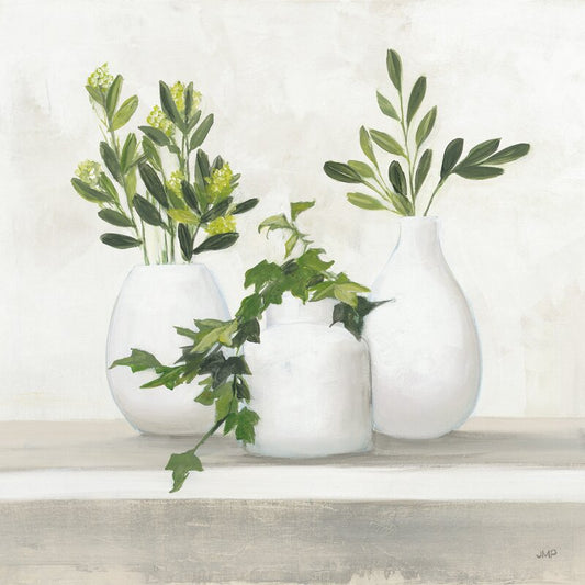 Elegant Botanical Composition with White Vases and Lush Greenery - Modern Art Print