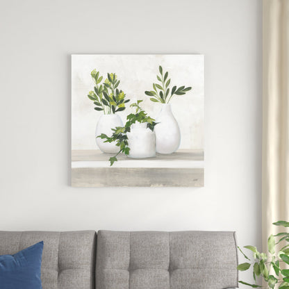 Elegant Botanical Composition with White Vases and Lush Greenery - Modern Art Print
