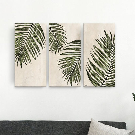 Elegant Green Leaf Triptych Oil Painting for Modern Home D√©cor
