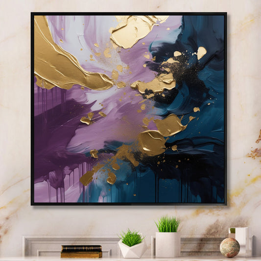 Vibrant Purple and Blue Abstract Oil Painting with Gold Accents