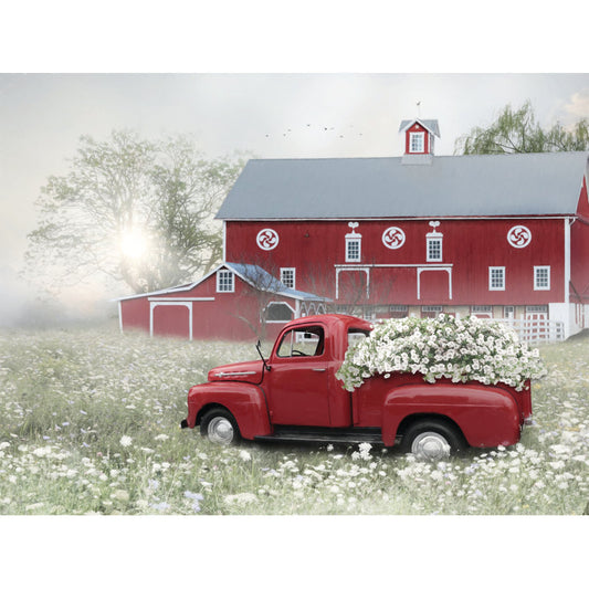 Charming Red Truck with Flowers Against a Rustic Barn Landscape