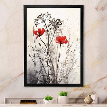 Vibrant Red Flowers in a Serene Gray Herb Garden Oil Painting