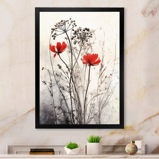 Vibrant Red Flowers in a Serene Gray Herb Garden Oil Painting
