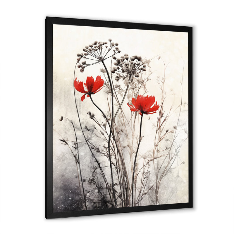Vibrant Red Flowers in a Serene Gray Herb Garden Oil Painting