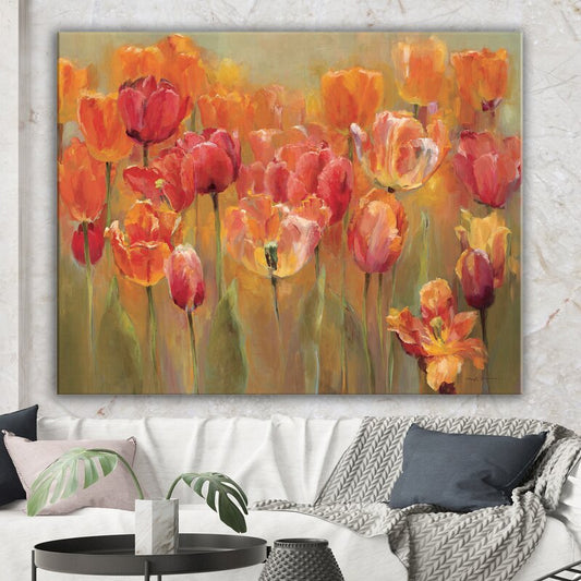 Vibrant Red and Orange Tulips Floral Oil Painting for Home Decor