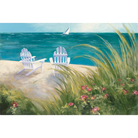Coastal Serenity: Beach Chairs and Sailboat Oil Painting