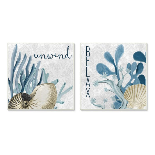 Coastal Art Pair - Relax and Unwind Nautical Shell and Coral Oil Paintings