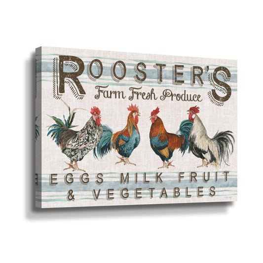 Farm Fresh Roosters with Eggs, Milk, Fruits and Vegetables Wall Art