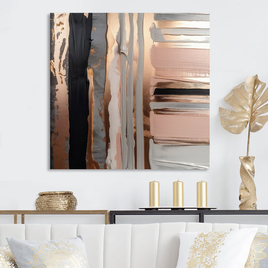 Contemporary Rose Gold and Pink Abstract Oil Painting for Stylish Home Decor