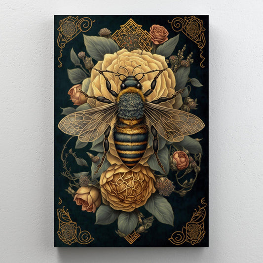 Floral Symphony: Elegant Roses and Majestic Bee Oil Painting