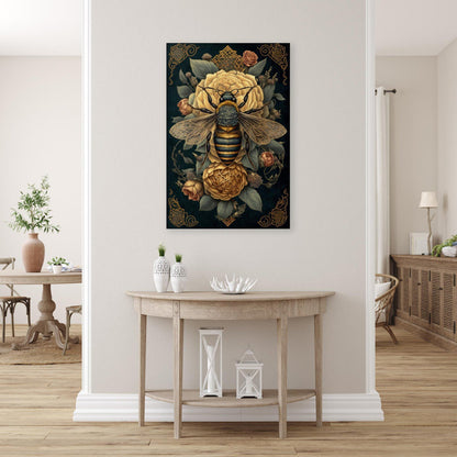 Floral Symphony: Elegant Roses and Majestic Bee Oil Painting