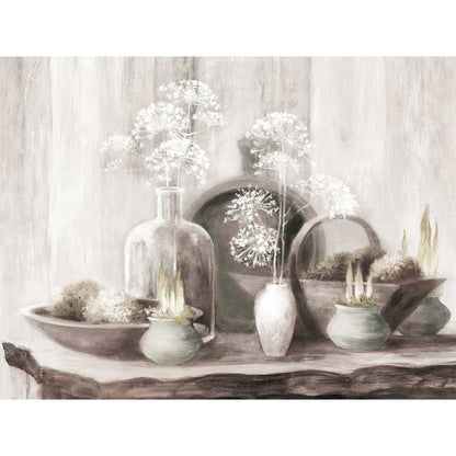Neutral Rustic Elegance Oil Painting with Vintage Vases and Soft Floral Arrangements
