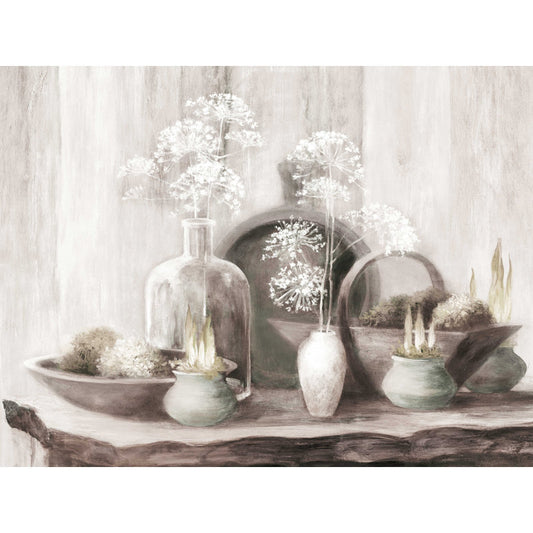 Neutral Rustic Elegance Oil Painting with Vintage Vases and Soft Floral Arrangements
